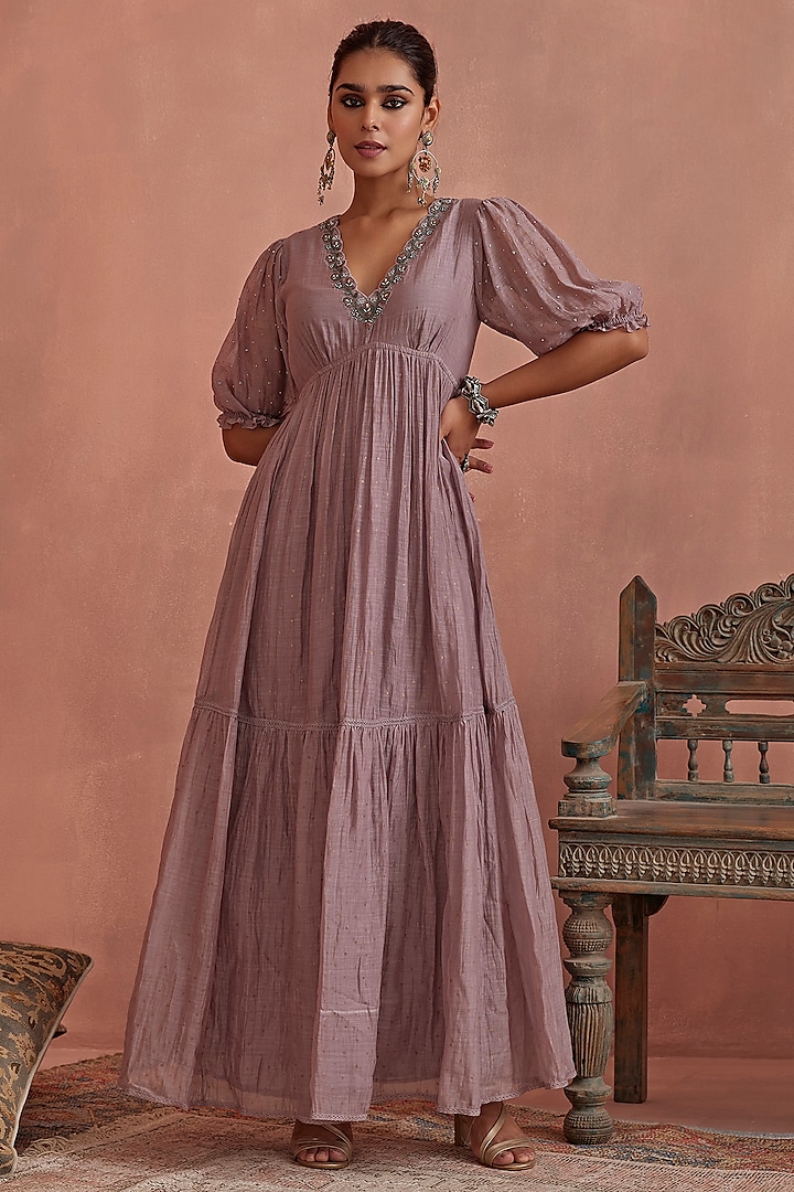 Mauve Chanderi Block Printed Tiered Maxi Dress by Kritika Dawar at Pernia's Pop Up Shop