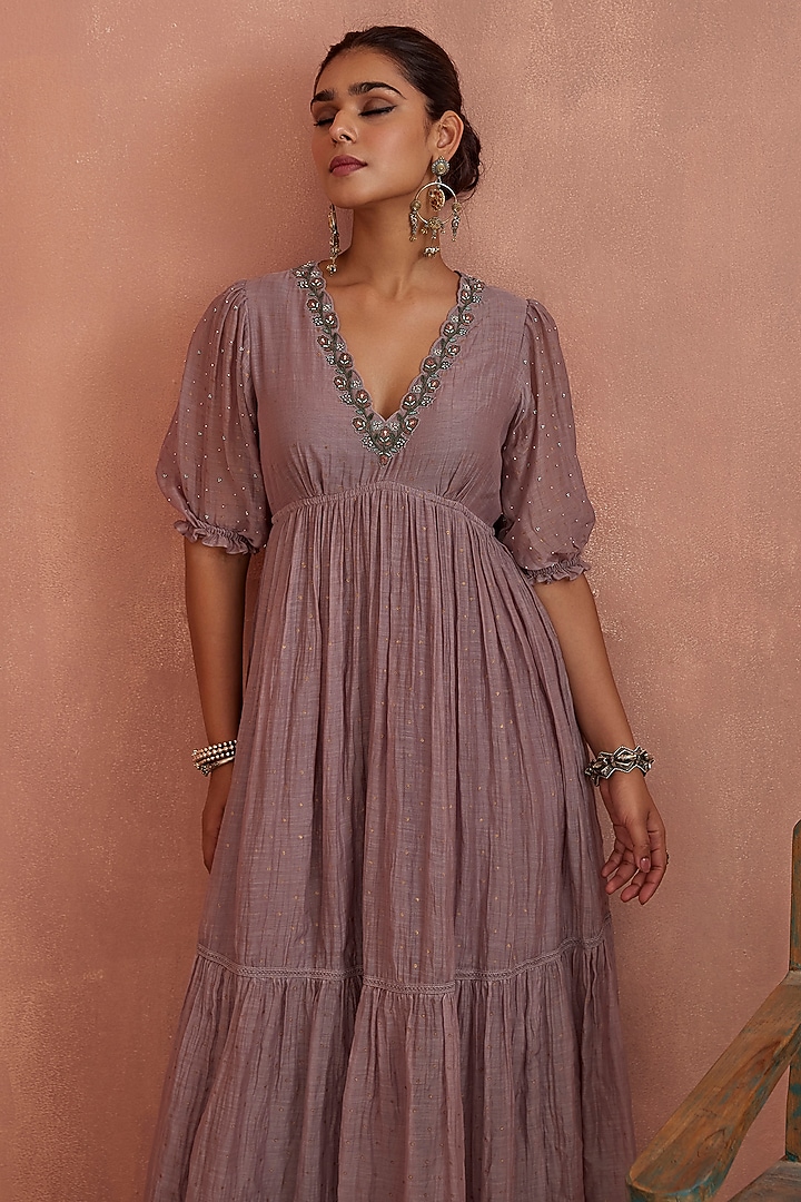 Mauve Chanderi Block Printed Tiered Maxi Vacation Dress by Kritika Dawar at Pernia's Pop Up Shop