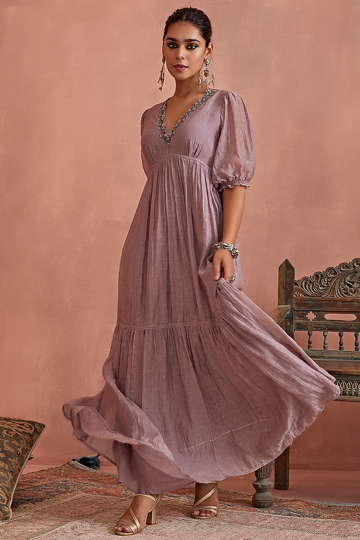 Mauve Chanderi Block Printed Tiered Maxi Vacation Dress by Kritika Dawar at Pernia's Pop Up Shop