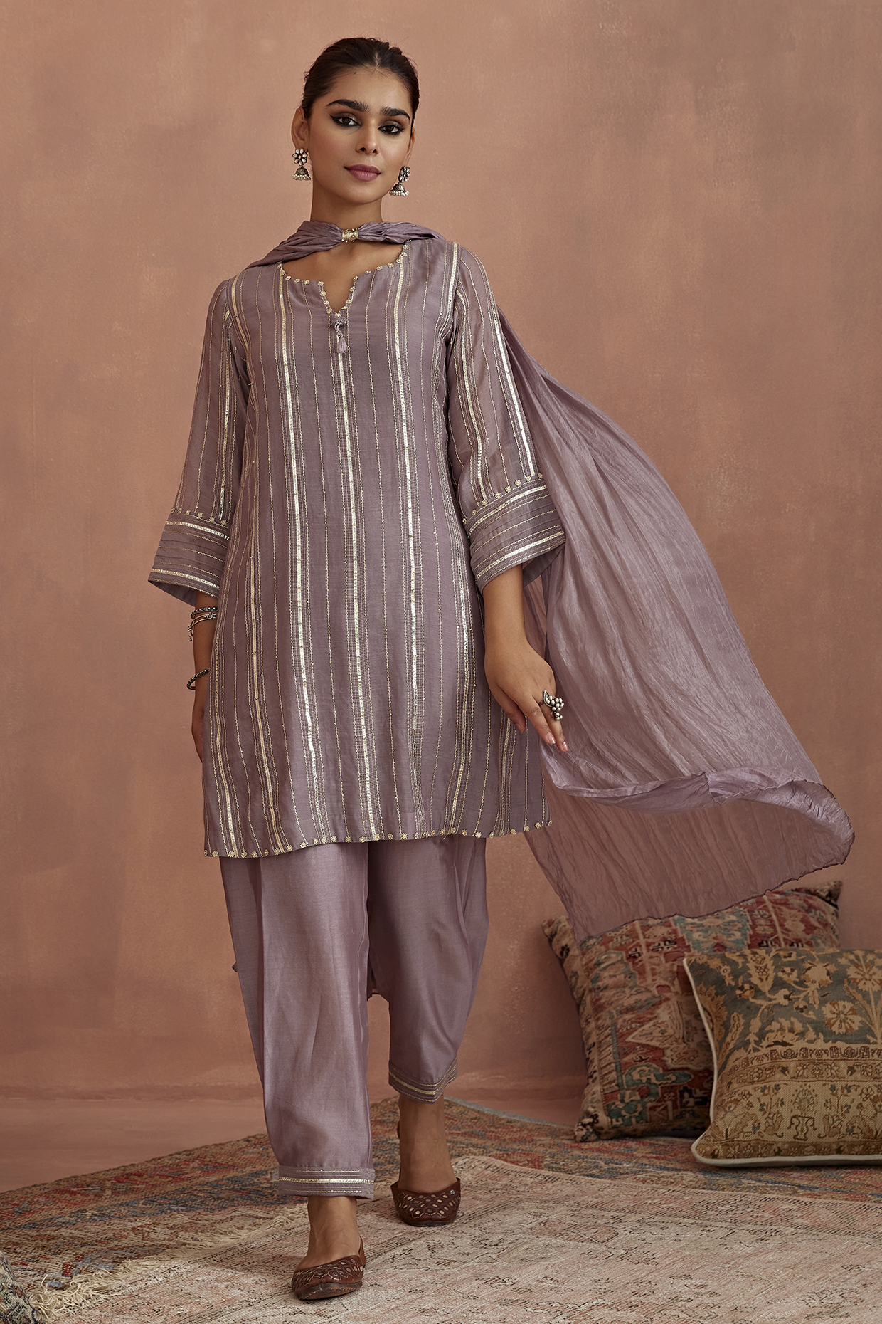 Mauve Chanderi Gota Striped Kurta Set by Kritika Dawar at Pernia's Pop Up Shop