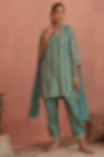 Mint Blue Chanderi Gota Striped Kurta Set by Kritika Dawar at Pernia's Pop Up Shop