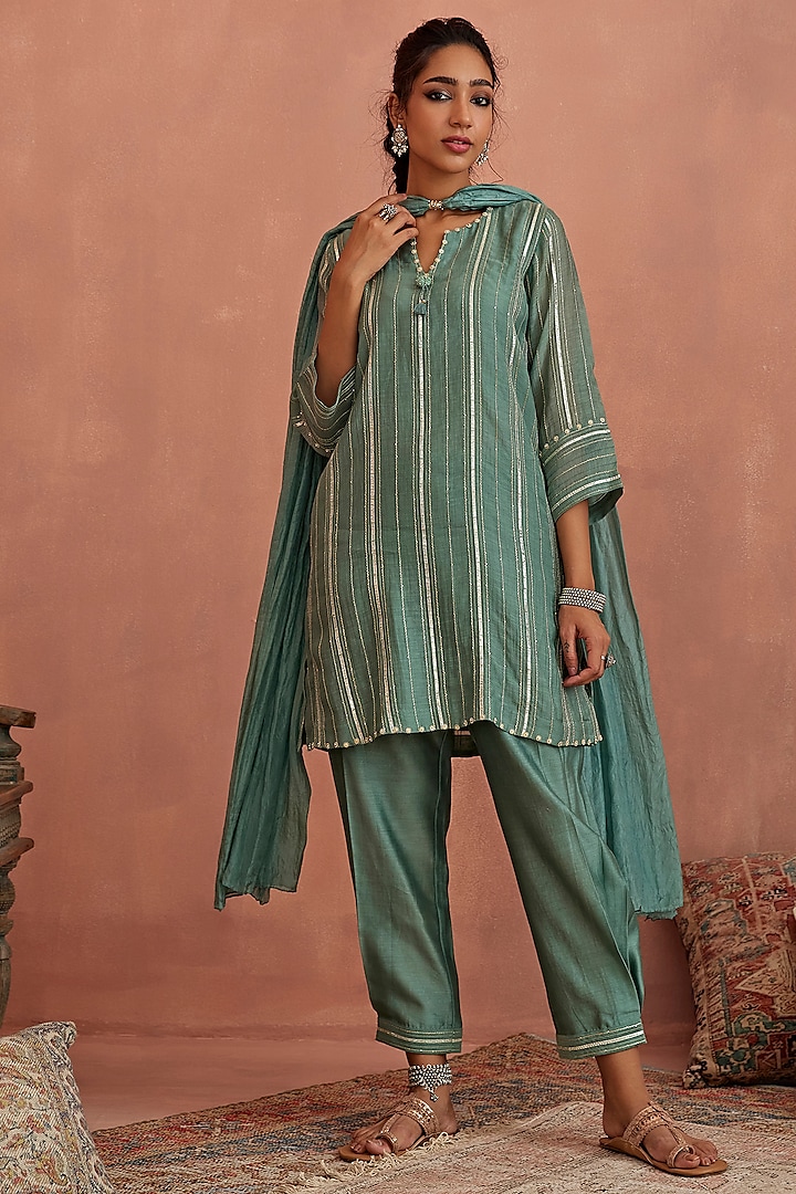 Mint Blue Chanderi Gota Striped Kurta Set by Kritika Dawar at Pernia's Pop Up Shop