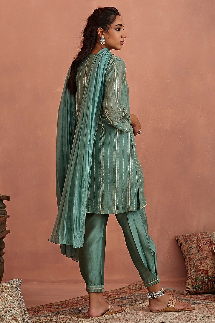Mint Blue Chanderi Gota Striped Kurta Set by Kritika Dawar at Pernia's Pop Up Shop