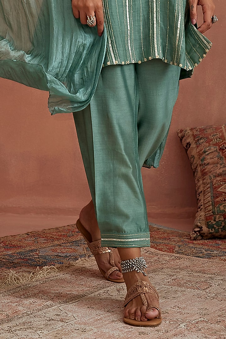 Mint Blue Chanderi Gota Striped Kurta Set by Kritika Dawar at Pernia's Pop Up Shop