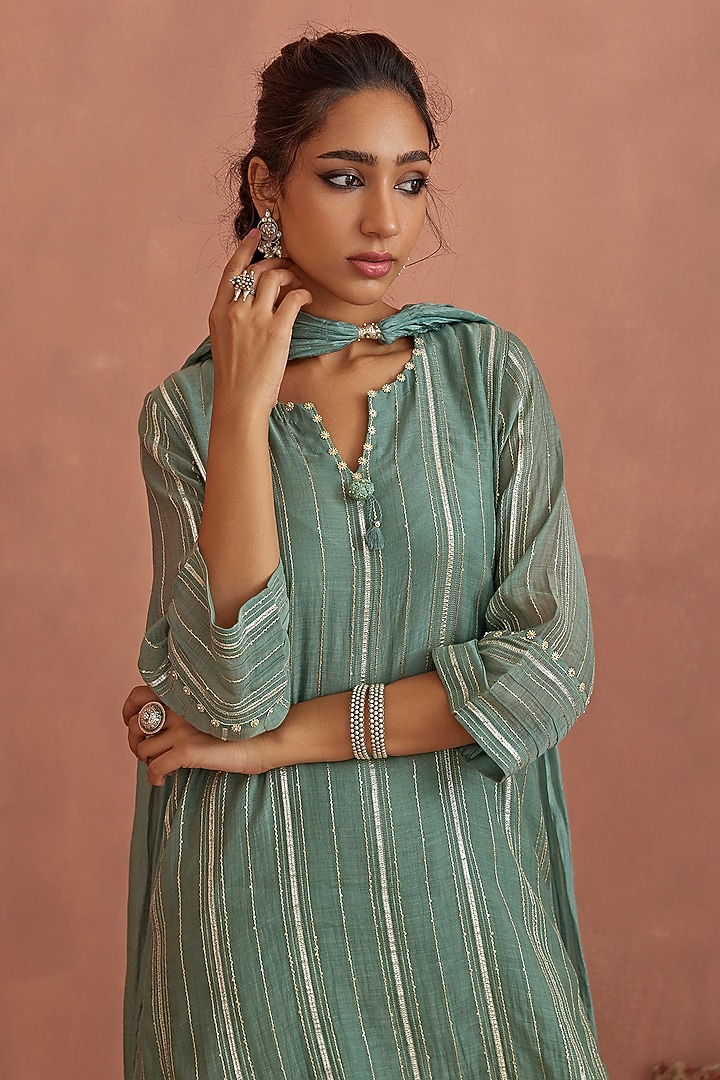 Mint Blue Chanderi Gota Striped Kurta Set by Kritika Dawar at Pernia's Pop Up Shop