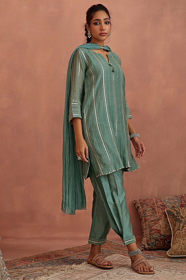 Mint Blue Chanderi Gota Striped Kurta Set by Kritika Dawar at Pernia's Pop Up Shop