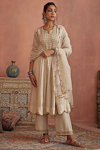 Ivory Chanderi Hand Embroidered Anarkali Set by Kritika Dawar