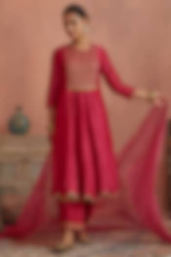 Magenta Chanderi Hand Embroidered Anarkali Set by Kritika Dawar