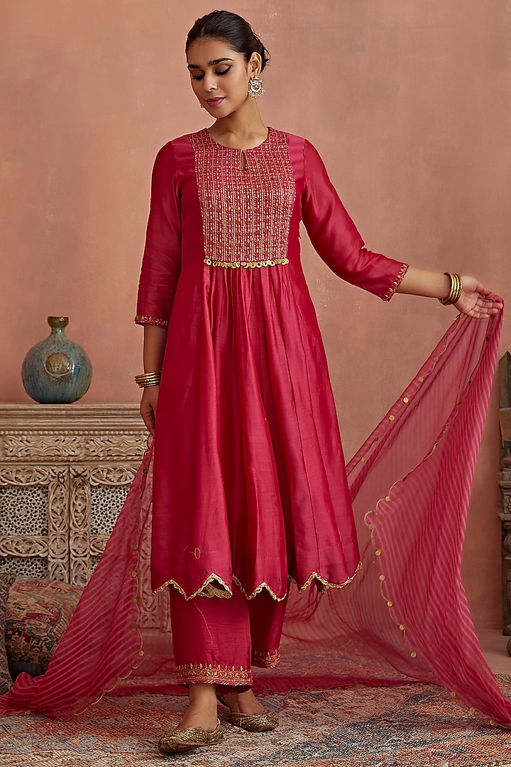 Magenta Chanderi Hand Embroidered Anarkali Set by Kritika Dawar