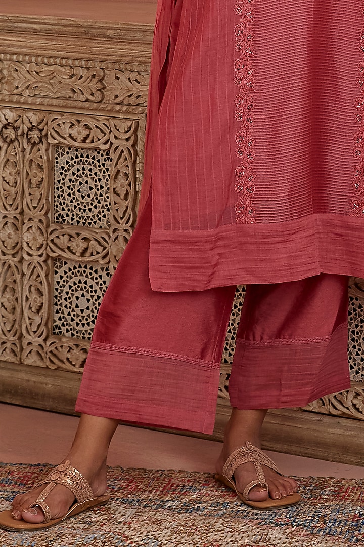 Coral Handwoven Chanderi Embroidered Kurta Set by Kritika Dawar at Pernia's Pop Up Shop