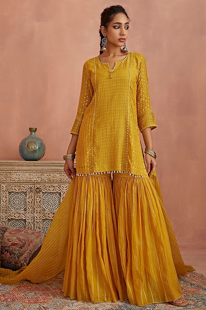 Yellow Chanderi Gharara Set by Kritika Dawar at Pernia's Pop Up Shop