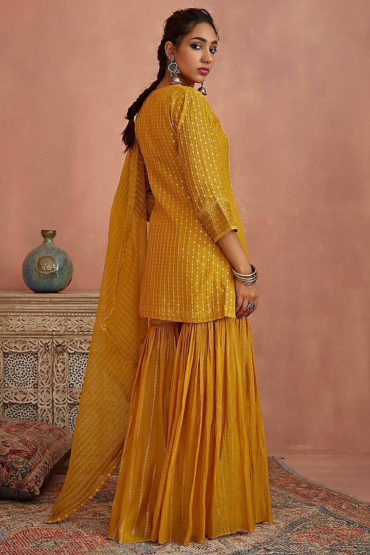 Yellow Chanderi Gharara Set by Kritika Dawar at Pernia's Pop Up Shop