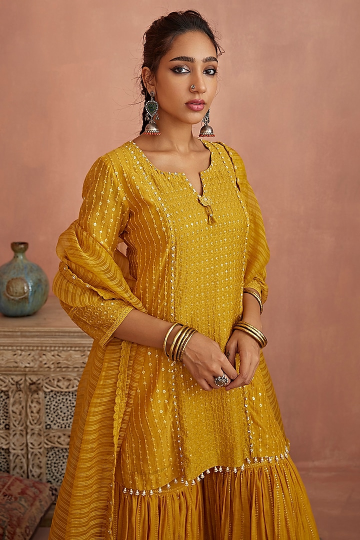 Yellow Chanderi Gharara Set by Kritika Dawar at Pernia's Pop Up Shop