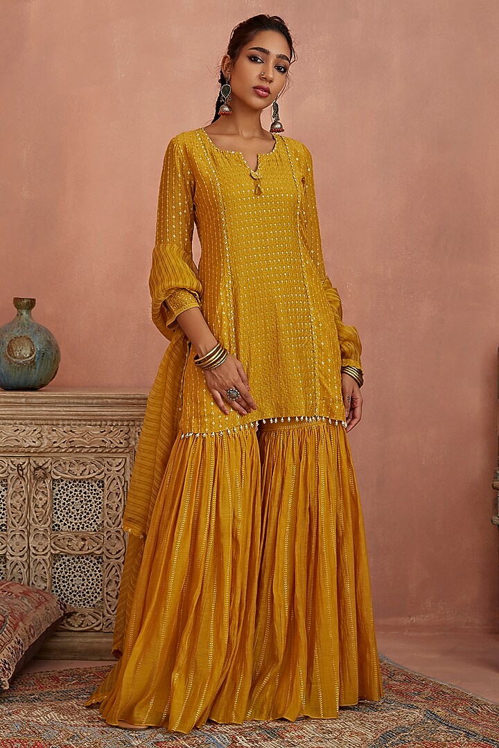 Yellow Chanderi Gharara Set by Kritika Dawar at Pernia's Pop Up Shop