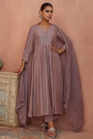 Mauve Chanderi Embroidered A-Line Kurta Set by Kritika Dawar