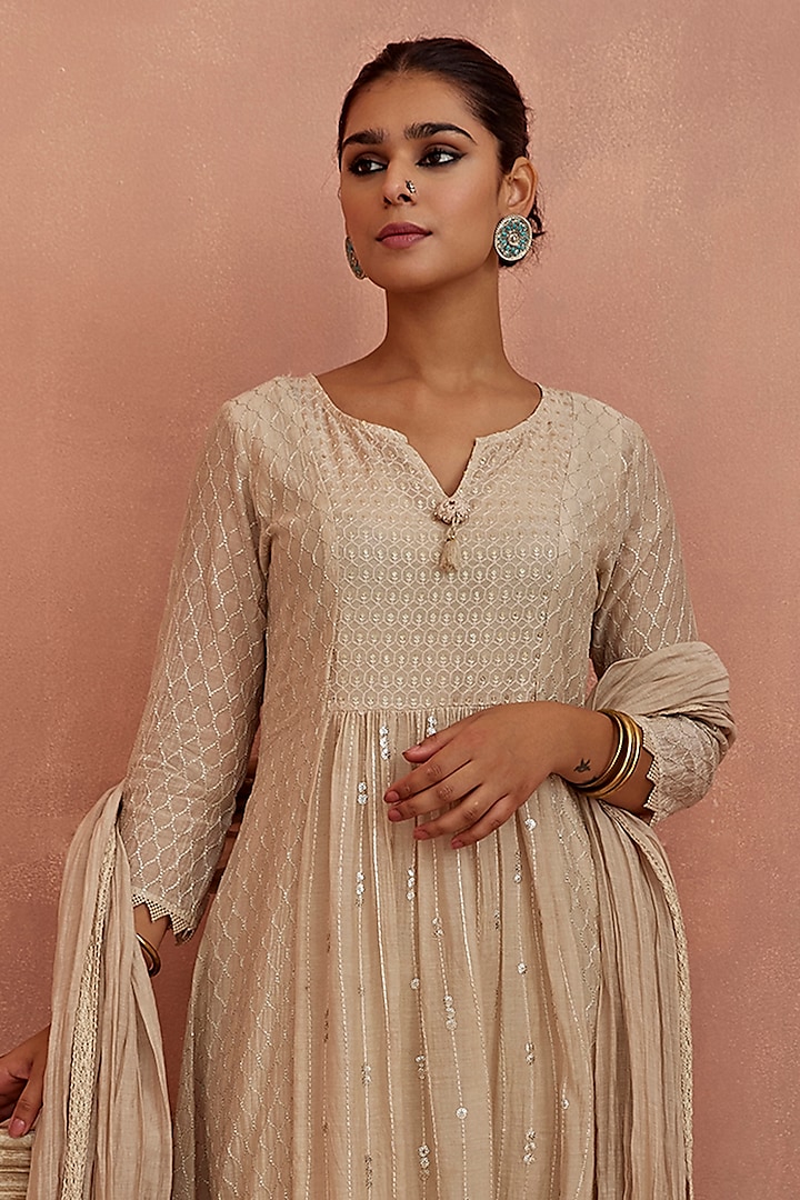 Ivory Chanderi Embroidered A-Line Kurta Set by Kritika Dawar at Pernia's Pop Up Shop