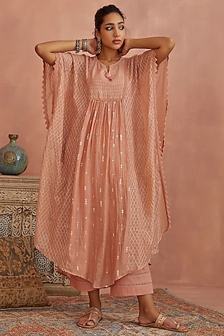 Blush Pink Chanderi Embroidered Kaftan Set by Kritika Dawar