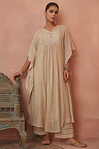 Ivory Chanderi Embroidered Kaftan Set by Kritika Dawar