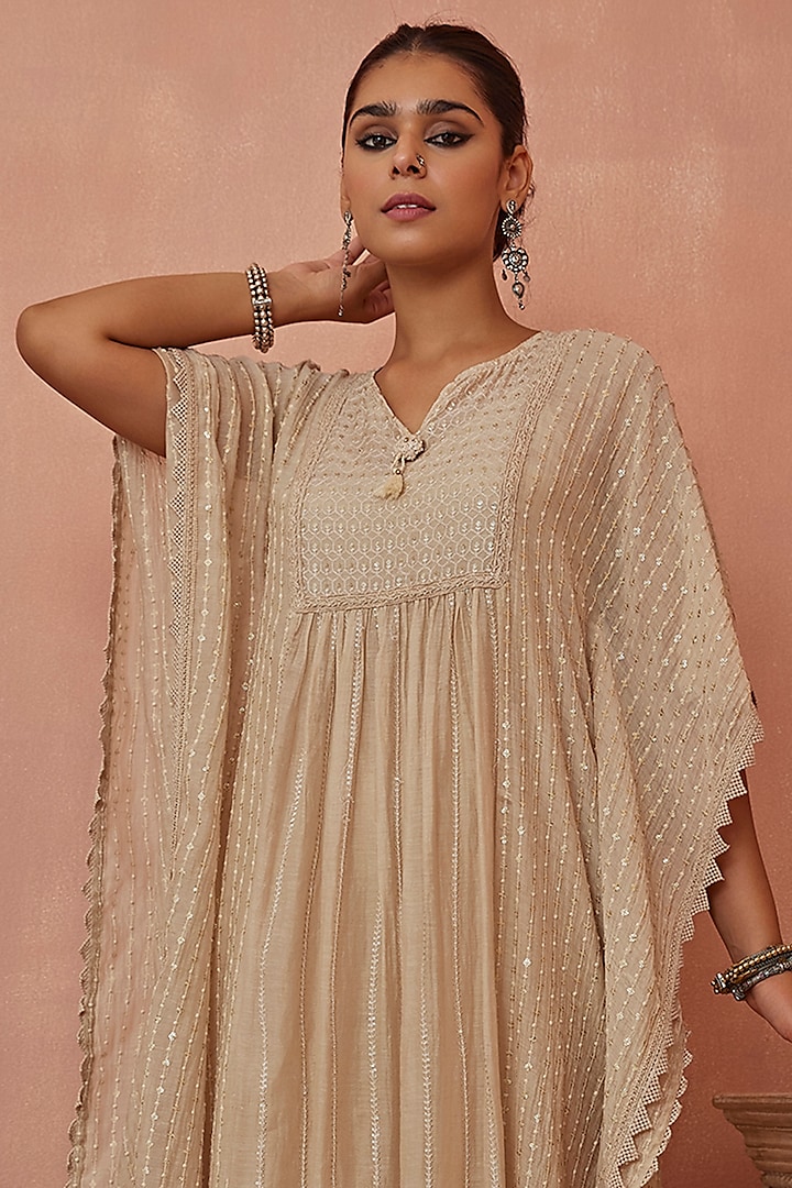 Ivory Chanderi Embroidered Kaftan Set by Kritika Dawar at Pernia's Pop Up Shop