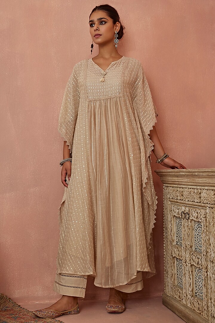 Ivory Chanderi Embroidered Kaftan Set by Kritika Dawar at Pernia's Pop Up Shop