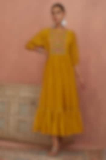 Yellow Chanderi Hand Embroidered Dress by Kritika Dawar at Pernia's Pop Up Shop