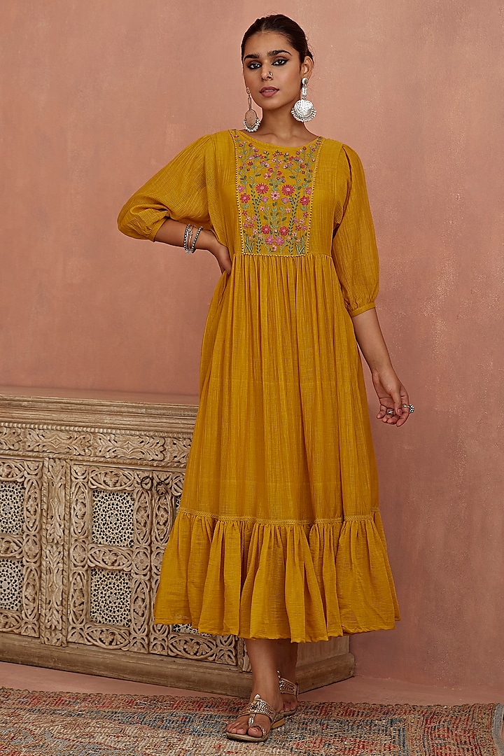 Yellow Chanderi Hand Embroidered Dress by Kritika Dawar at Pernia's Pop Up Shop