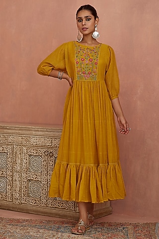 Yellow Chanderi Hand Embroidered Dress by Kritika Dawar