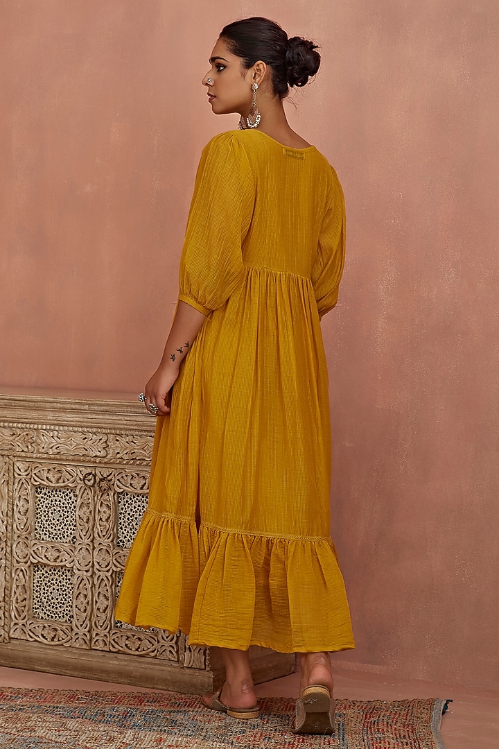 Yellow Chanderi Hand Embroidered Summer Dress by Kritika Dawar at Pernia's Pop Up Shop
