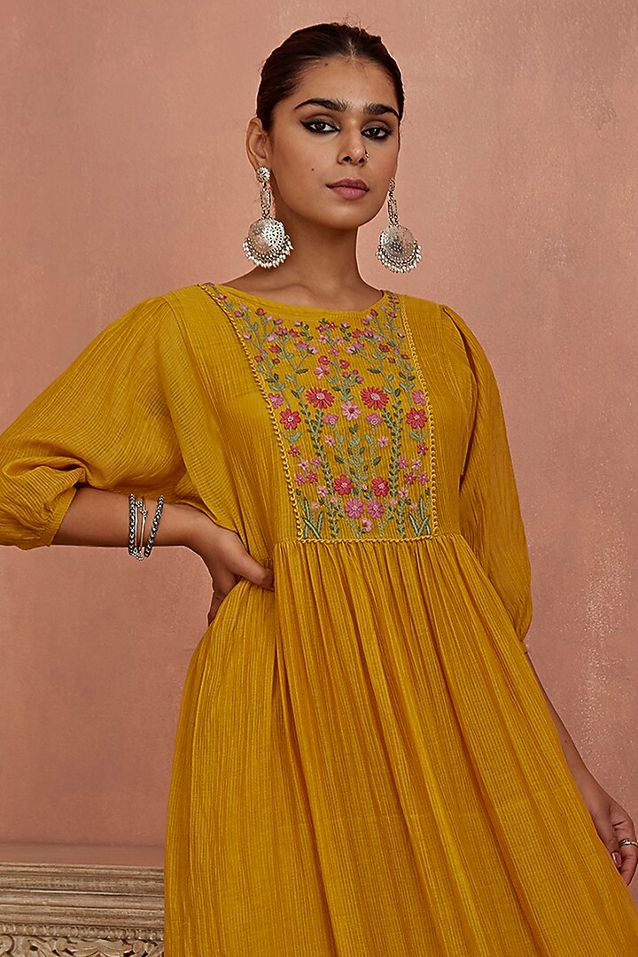 Yellow Chanderi Hand Embroidered Summer Dress by Kritika Dawar at Pernia's Pop Up Shop