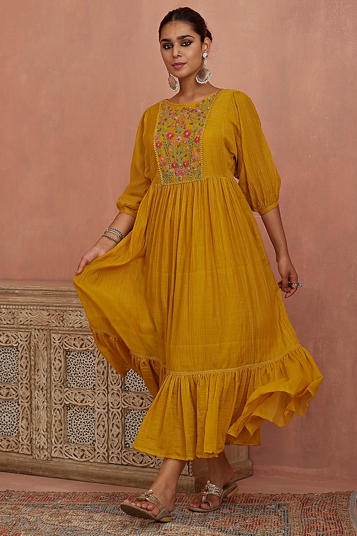 Yellow Chanderi Hand Embroidered Summer Dress by Kritika Dawar at Pernia's Pop Up Shop