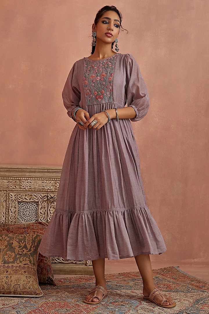 Mauve Chanderi Hand Embroidered Dress by Kritika Dawar at Pernia's Pop Up Shop