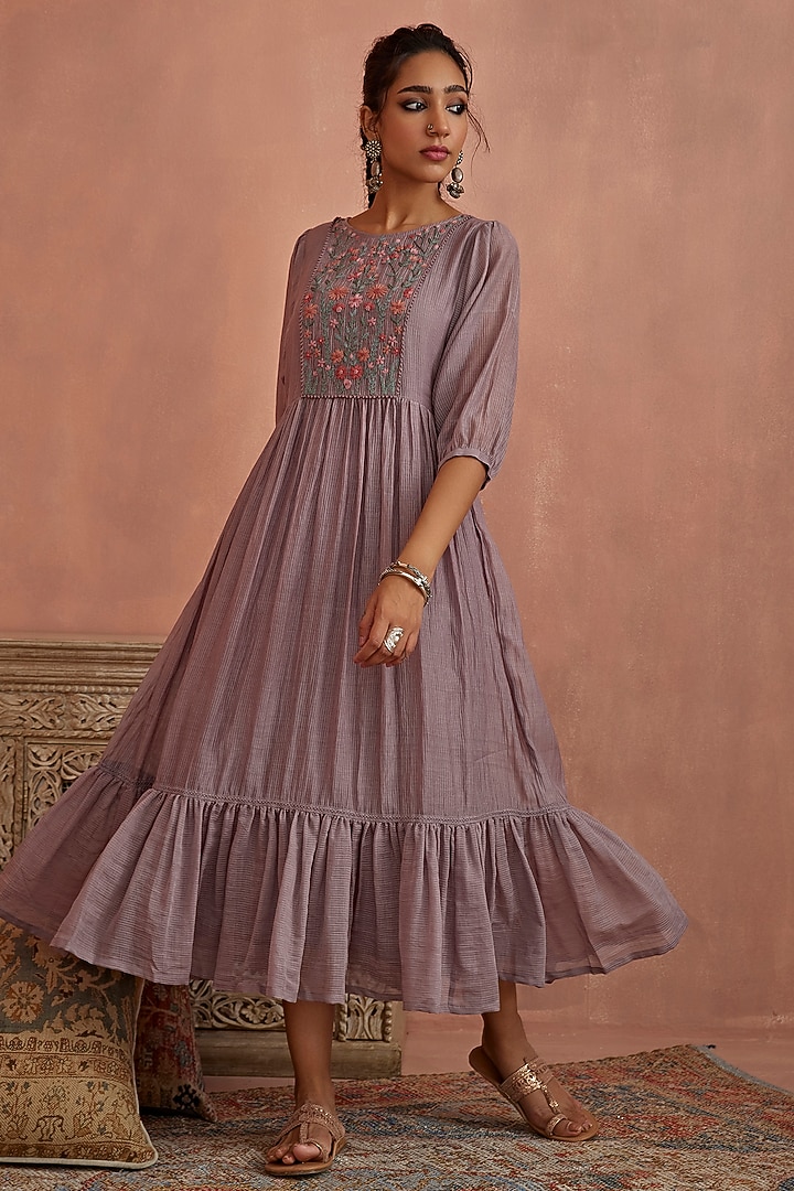 Mauve Chanderi Hand Embroidered Summer Dress by Kritika Dawar at Pernia's Pop Up Shop