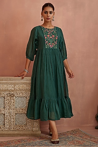 Teal Chanderi Hand Embroidered Dress by Kritika Dawar