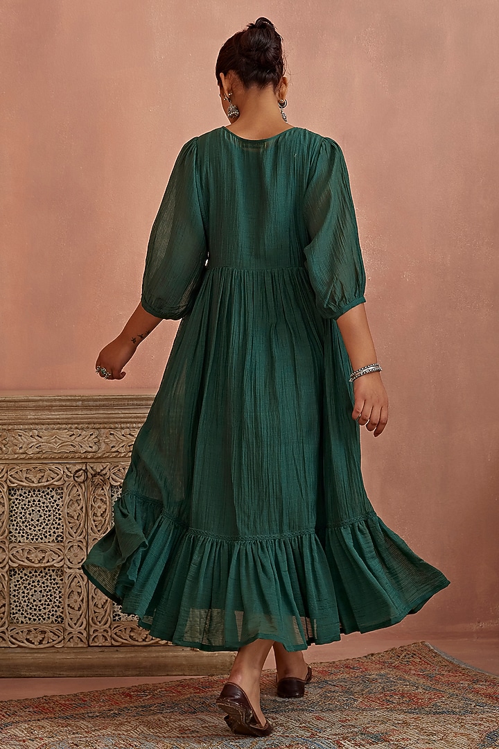 Teal Chanderi Hand Embroidered Summer Dress by Kritika Dawar at Pernia's Pop Up Shop