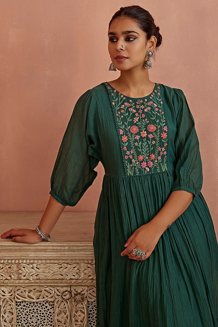 Teal Chanderi Hand Embroidered Summer Dress by Kritika Dawar at Pernia's Pop Up Shop