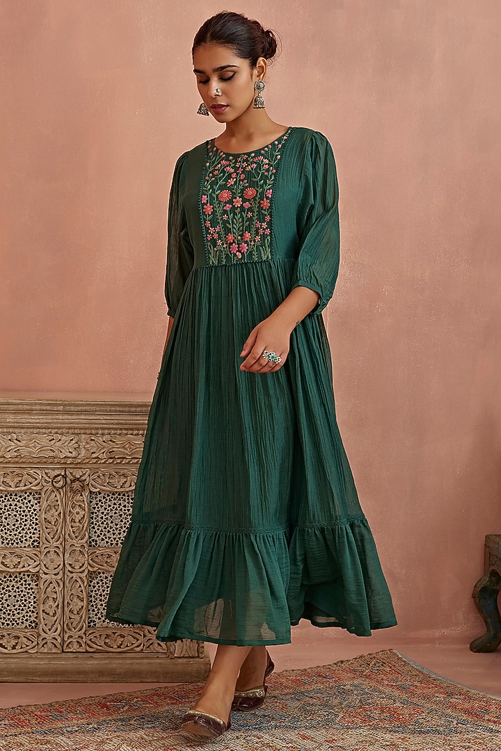 Teal Chanderi Hand Embroidered Summer Dress by Kritika Dawar at Pernia's Pop Up Shop