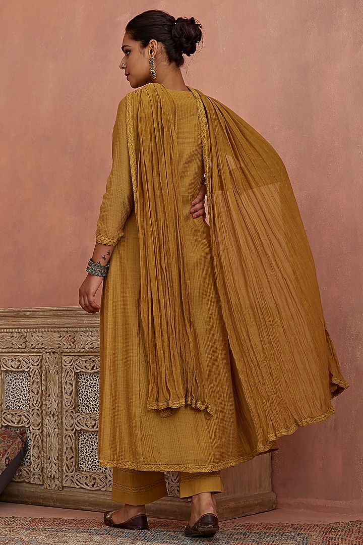 Mustard Handwoven Kota Chanderi A-Line Kurta Set by Kritika Dawar at Pernia's Pop Up Shop