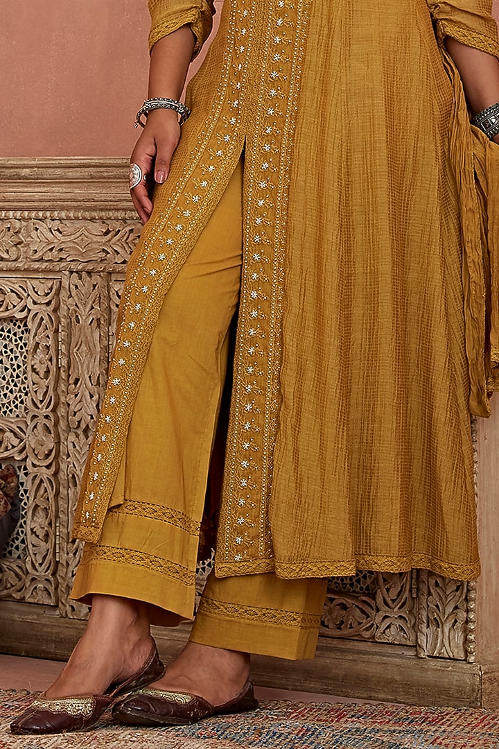 Mustard Handwoven Kota Chanderi A-Line Kurta Set by Kritika Dawar at Pernia's Pop Up Shop