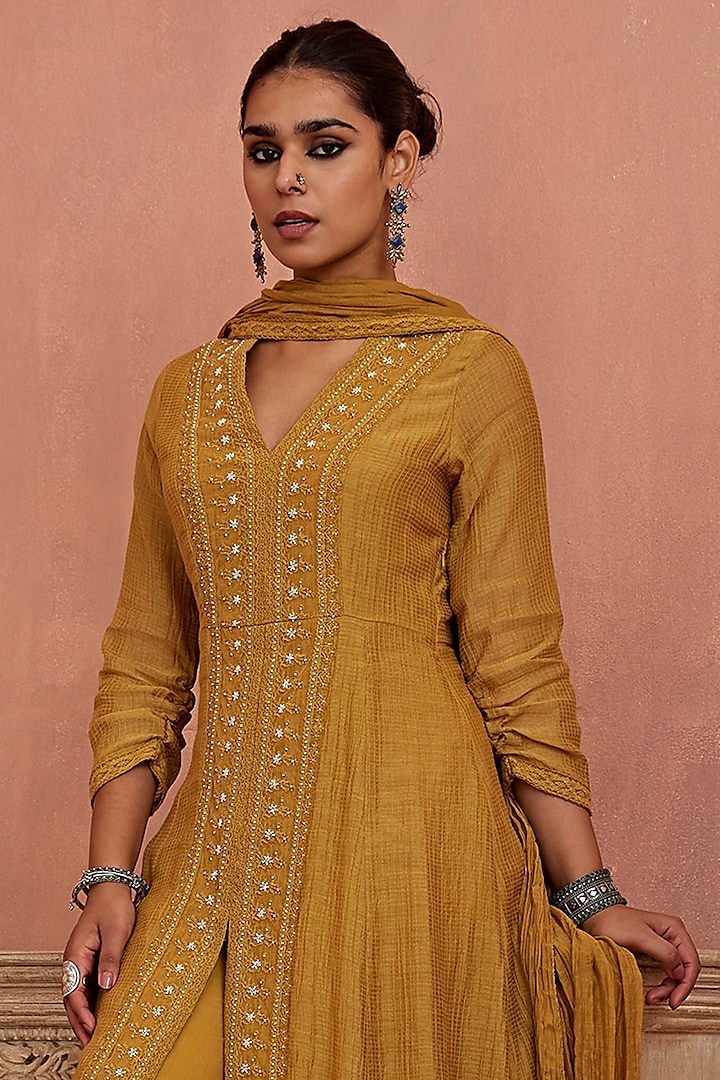 Mustard Handwoven Kota Chanderi A-Line Kurta Set by Kritika Dawar at Pernia's Pop Up Shop