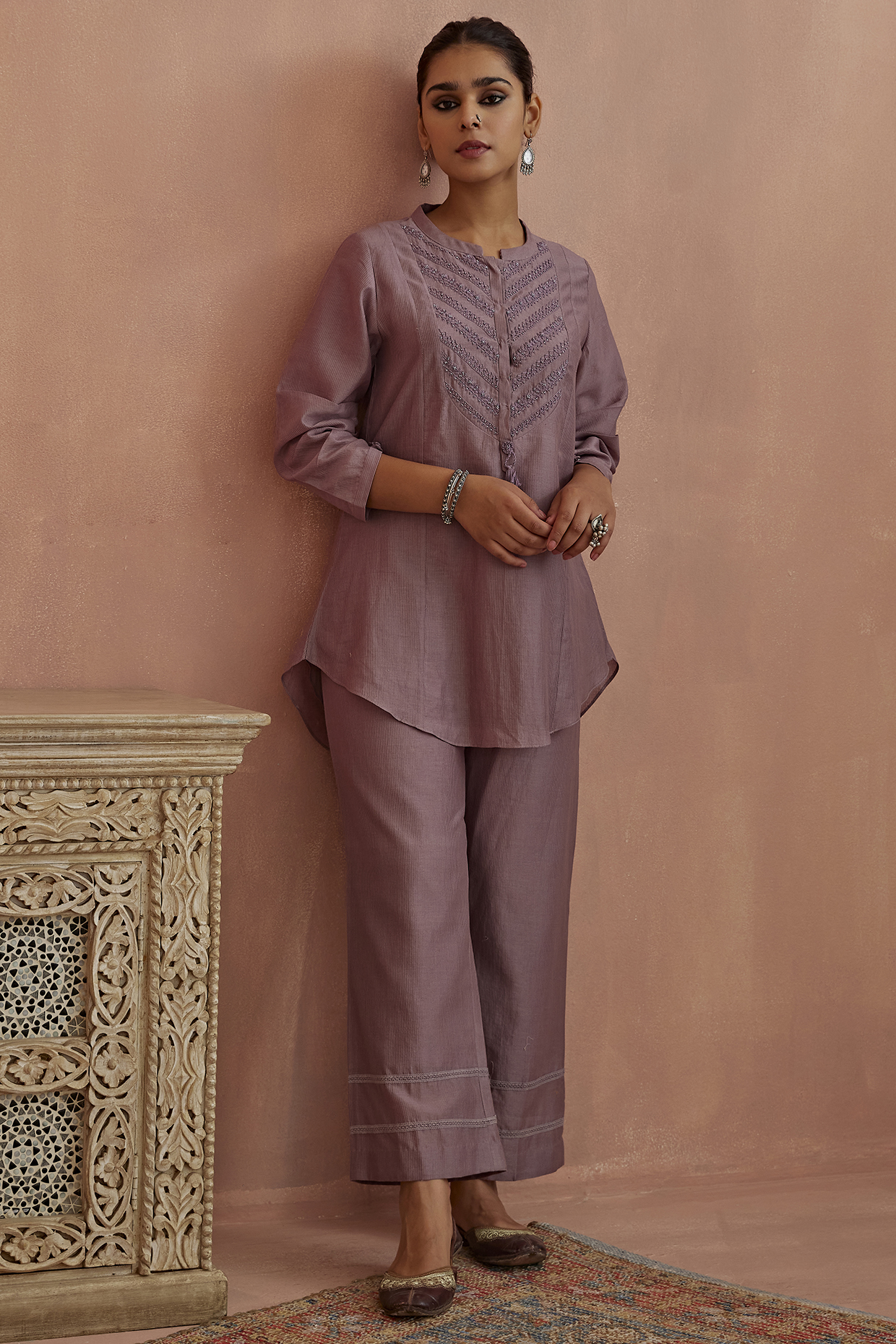 Mauve Striped Chanderi Embroidered Co-Ord Set by Kritika Dawar at Pernia's Pop Up Shop