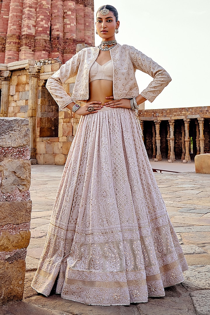 Ivory Chikankari Silk Georgette Hand Embroidered Jacket Bridal Lehenga Set by Kritika Dawar at Pernia's Pop Up Shop