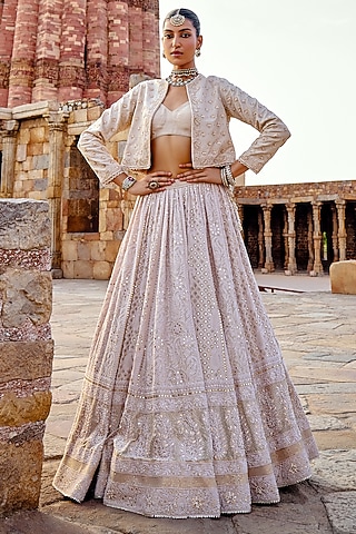 Ivory Chikankari Silk Georgette Hand Embroidered Jacket Lehenga Set by Kritika Dawar