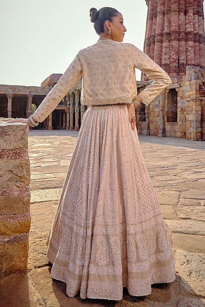 Ivory Chikankari Silk Georgette Hand Embroidered Jacket Bridal Lehenga Set by Kritika Dawar at Pernia's Pop Up Shop