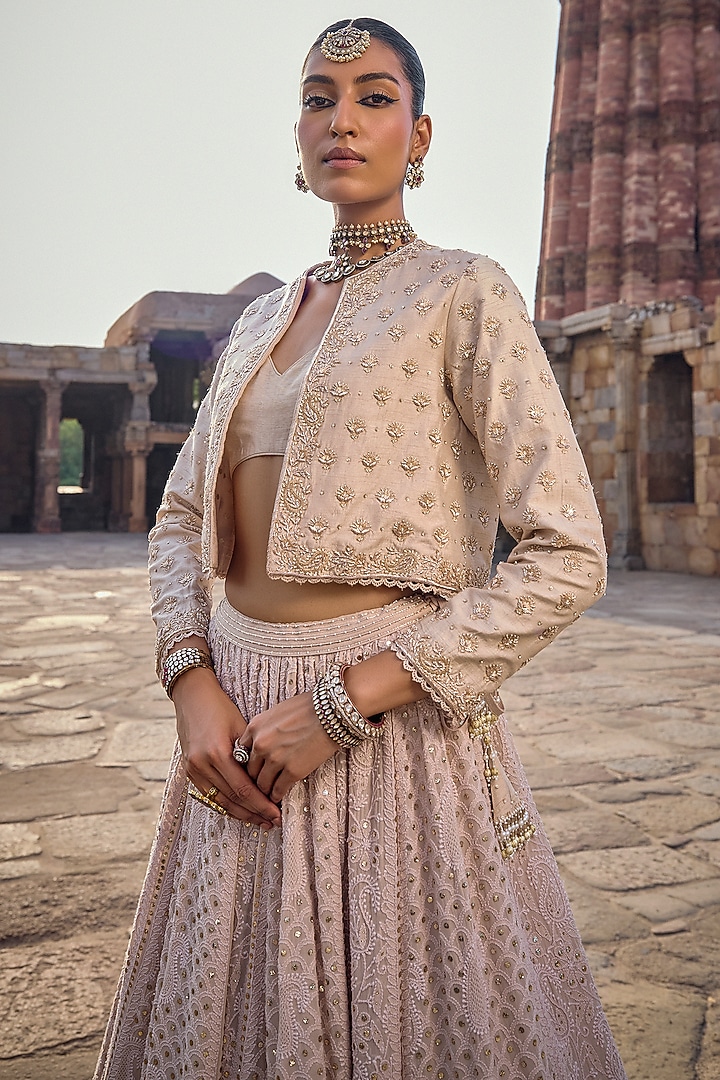 Ivory Chikankari Silk Georgette Hand Embroidered Jacket Bridal Lehenga Set by Kritika Dawar at Pernia's Pop Up Shop