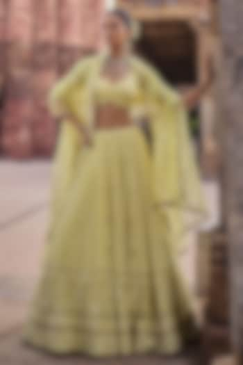 Lime Yellow Chikankari Silk Georgette Sequins Embellished Bridal Lehenga Set by Kritika Dawar at Pernia's Pop Up Shop