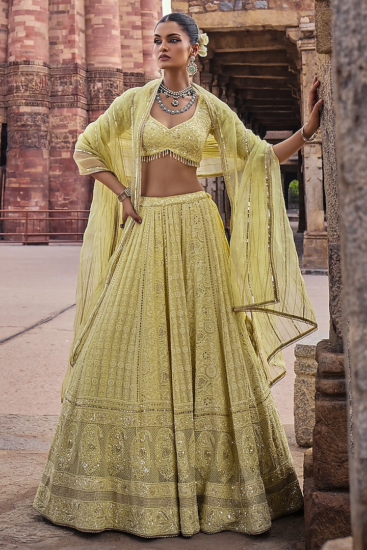 Lime Yellow Chikankari Silk Georgette Sequins Embellished Bridal Lehenga Set by Kritika Dawar at Pernia's Pop Up Shop