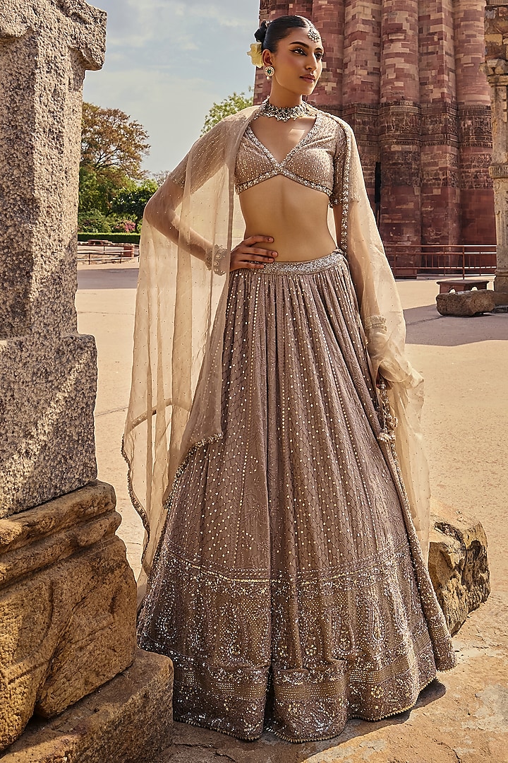 Mouse Grey Chikankari Silk Georgette Sequins Embellished Wedding Lehenga Set by Kritika Dawar at Pernia's Pop Up Shop