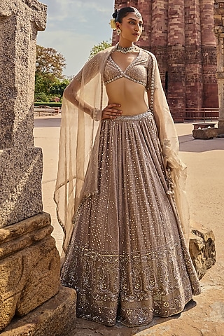 Mouse Grey Chikankari Silk Georgette Sequins Embellished Lehenga Set by Kritika Dawar