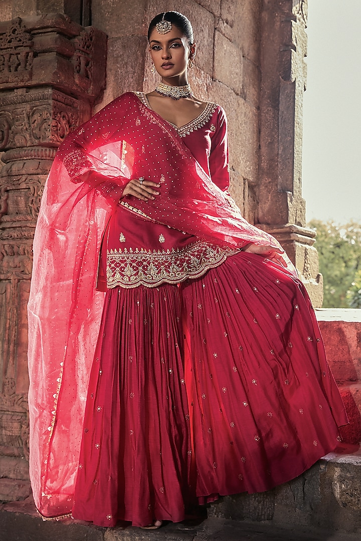 Magenta Silk Sequins Boota Work Gharara Set by Kritika Dawar at Pernia's Pop Up Shop