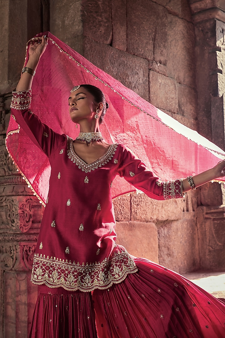 Magenta Silk Sequins Boota Work Gharara Set by Kritika Dawar at Pernia's Pop Up Shop